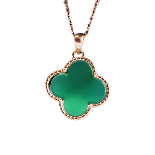 Sterling Silver Four-Leaf Clover Necklace with Natural Green Chalcedony