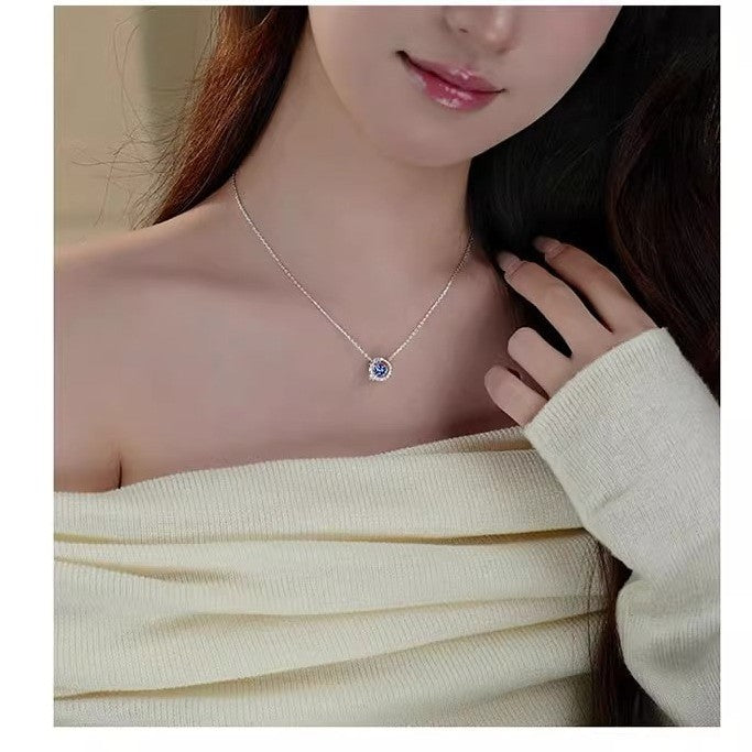 Planderful Beating Heart Sterling Silver Necklace With Blue Zircon For Women Luxury Gift