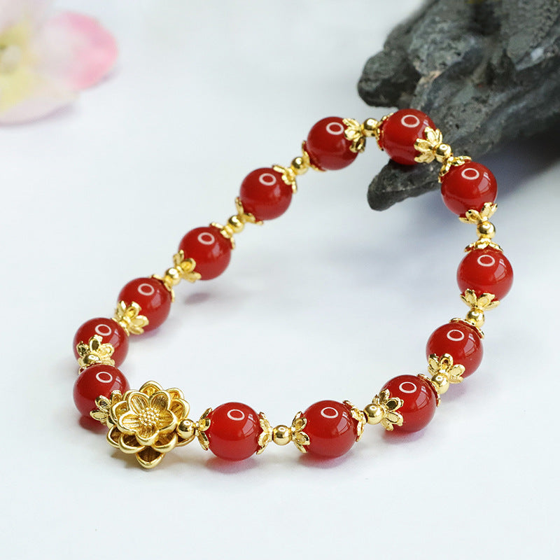Golden Lotus Sterling Silver Red Agate Bracelet