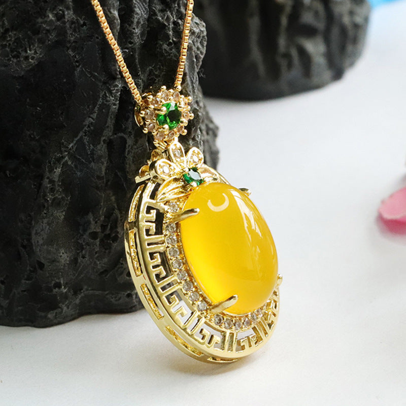 Oval Yellow Chalcedony Zircon Clover Pendant