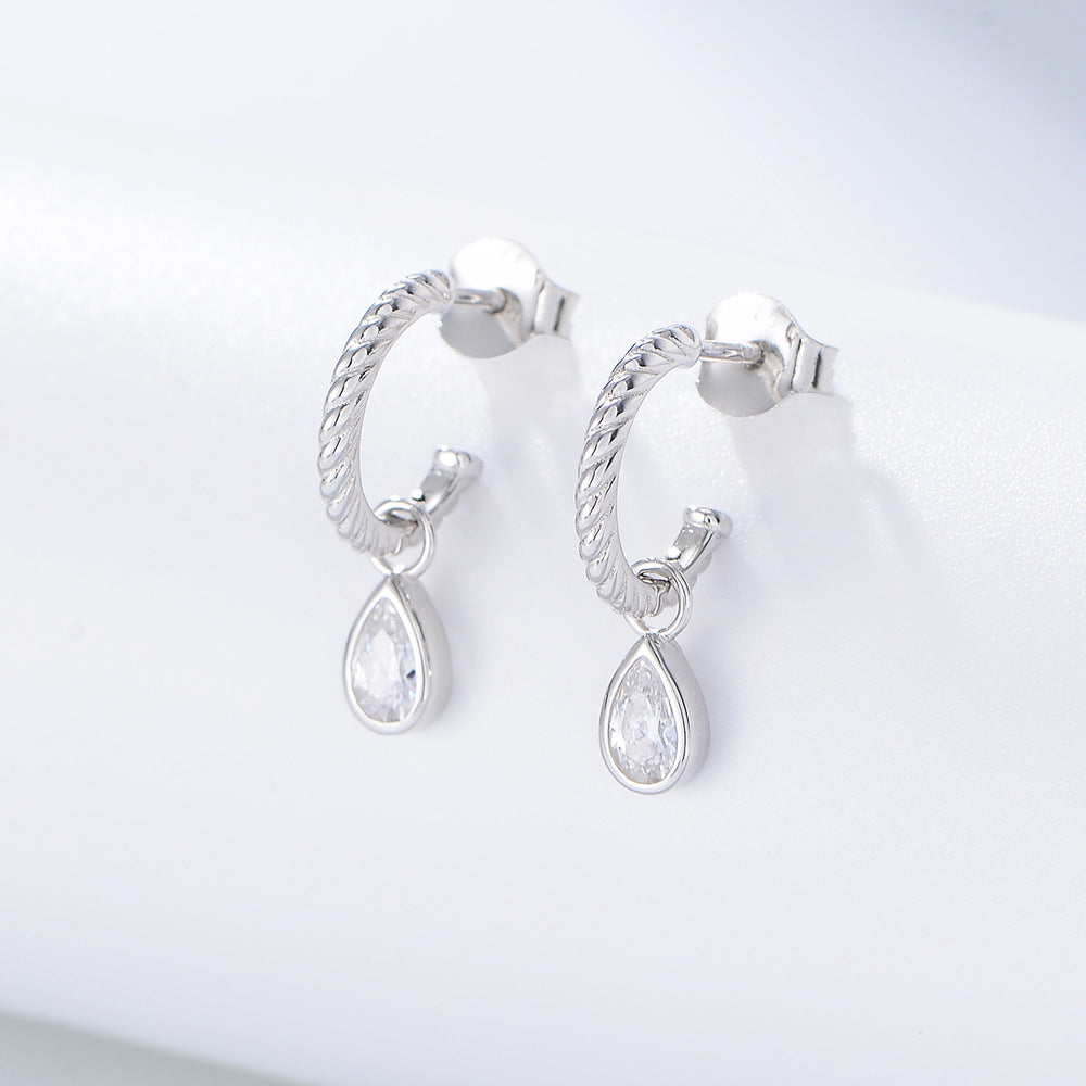 Classic Earrings Tremella S925 Sterling Silver C-Shaped Stud Earrings, Water Drop-Shaped Zircon Earrings.
