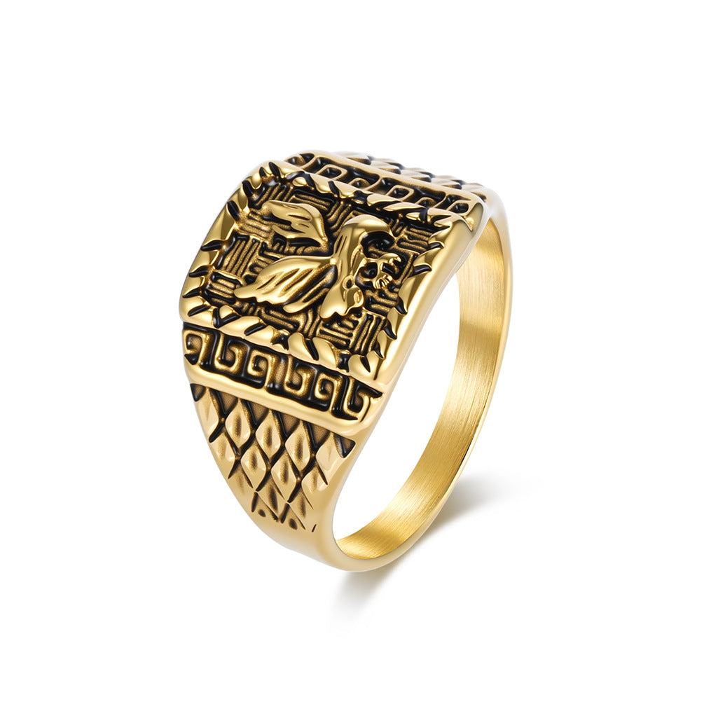 Planderful Geometric Stainless Steel Ring For Men With Spreading Eagle Design Bold Statement Jewelry