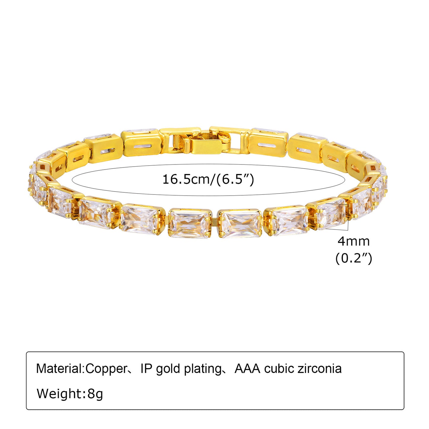 Rectangle Zircon Gold Bracelet Copper Fashion Accessories Wholesale