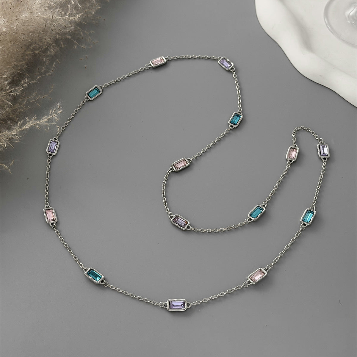 Creative Color Splicing Square Zircon Back Chain Long Dopamine U-Shaped Necklace