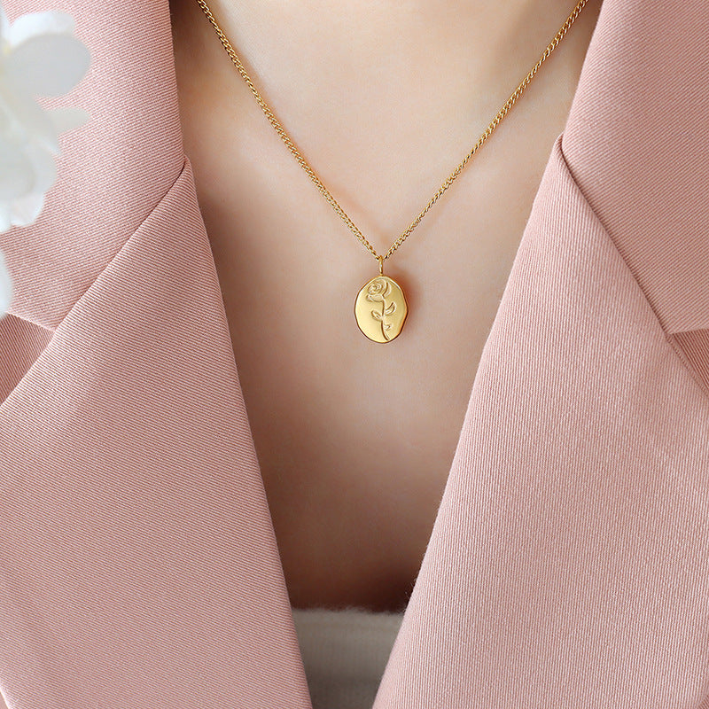 Elegant Rose Pendant Necklace with Titanium Steel 18k Gold Plated Chain