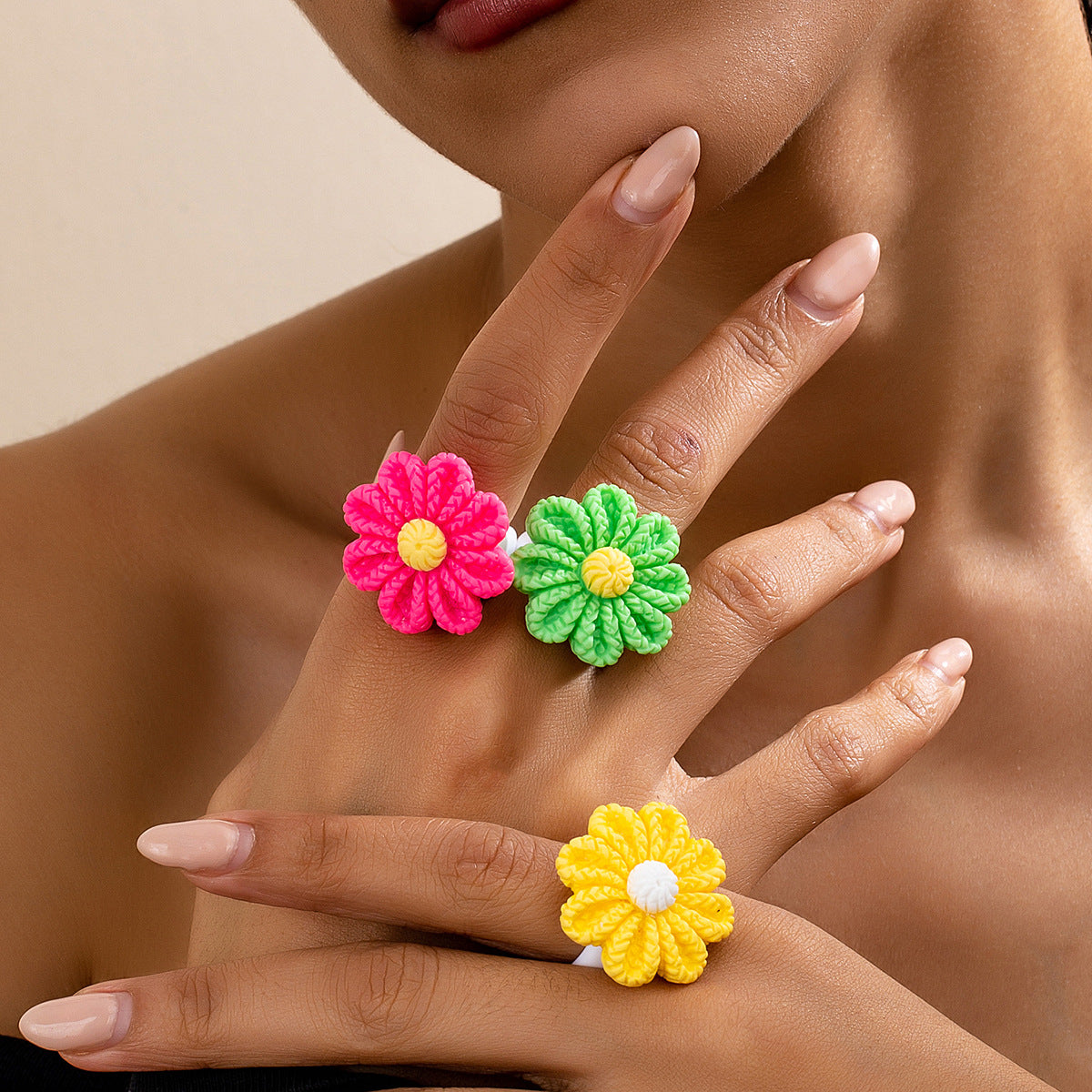 Personalized Color Resin Flower Ring Set for Women by Planderful