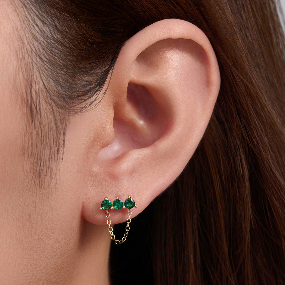 S925 Sterling Silver Grandmother Green Zircon Stud Earrings Chain Fringed Earrings Trendy Earrings