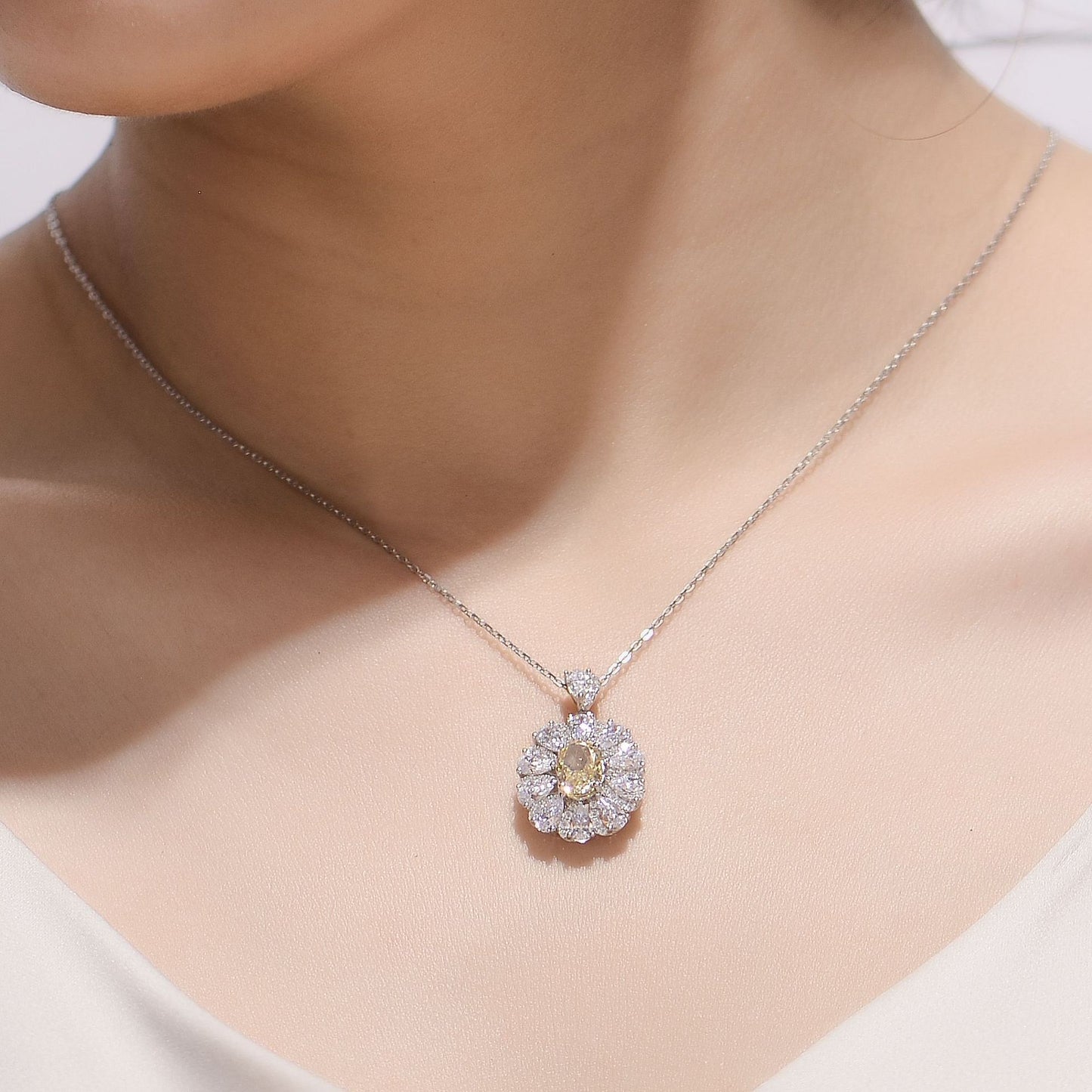 Flower Halo Oval Cut Yellow Zircon Silver Necklace