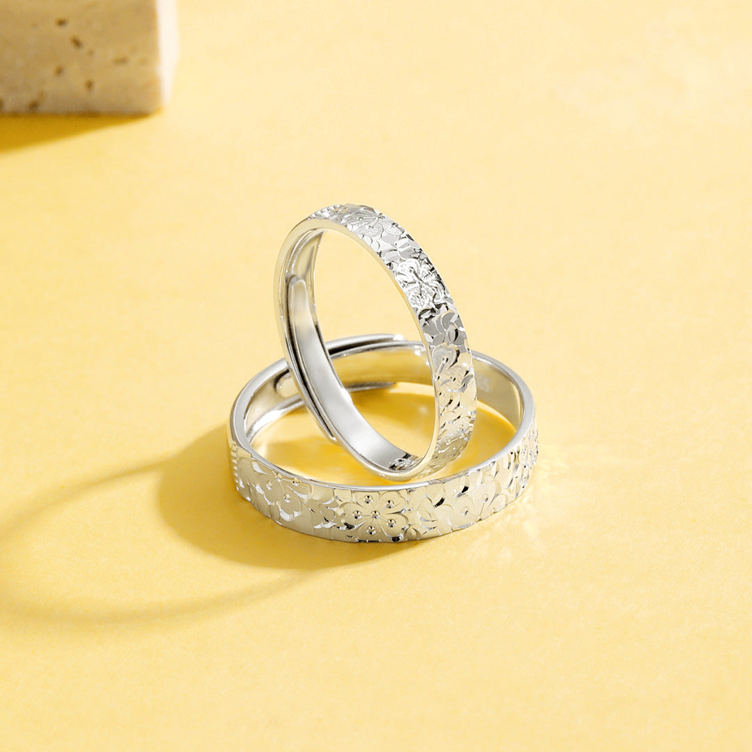 Planderful Everyday Genie – Popular Cherry Blossom Crushed Ice Couple Ring Sterling Silver Light Luxury