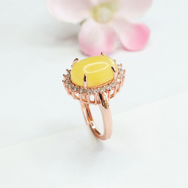 Golden Halo Amber Ring with Honey Wax Beeswax Gem in Sterling Silver
