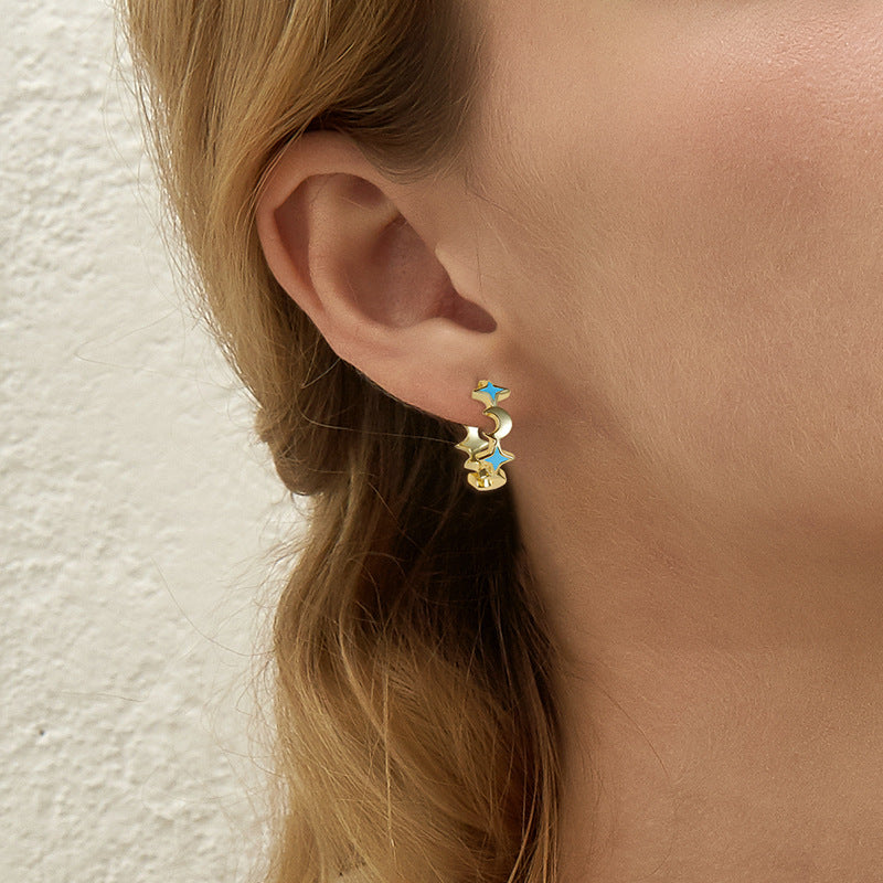 Blue Star and Moon Sterling Silver Hoop Earrings