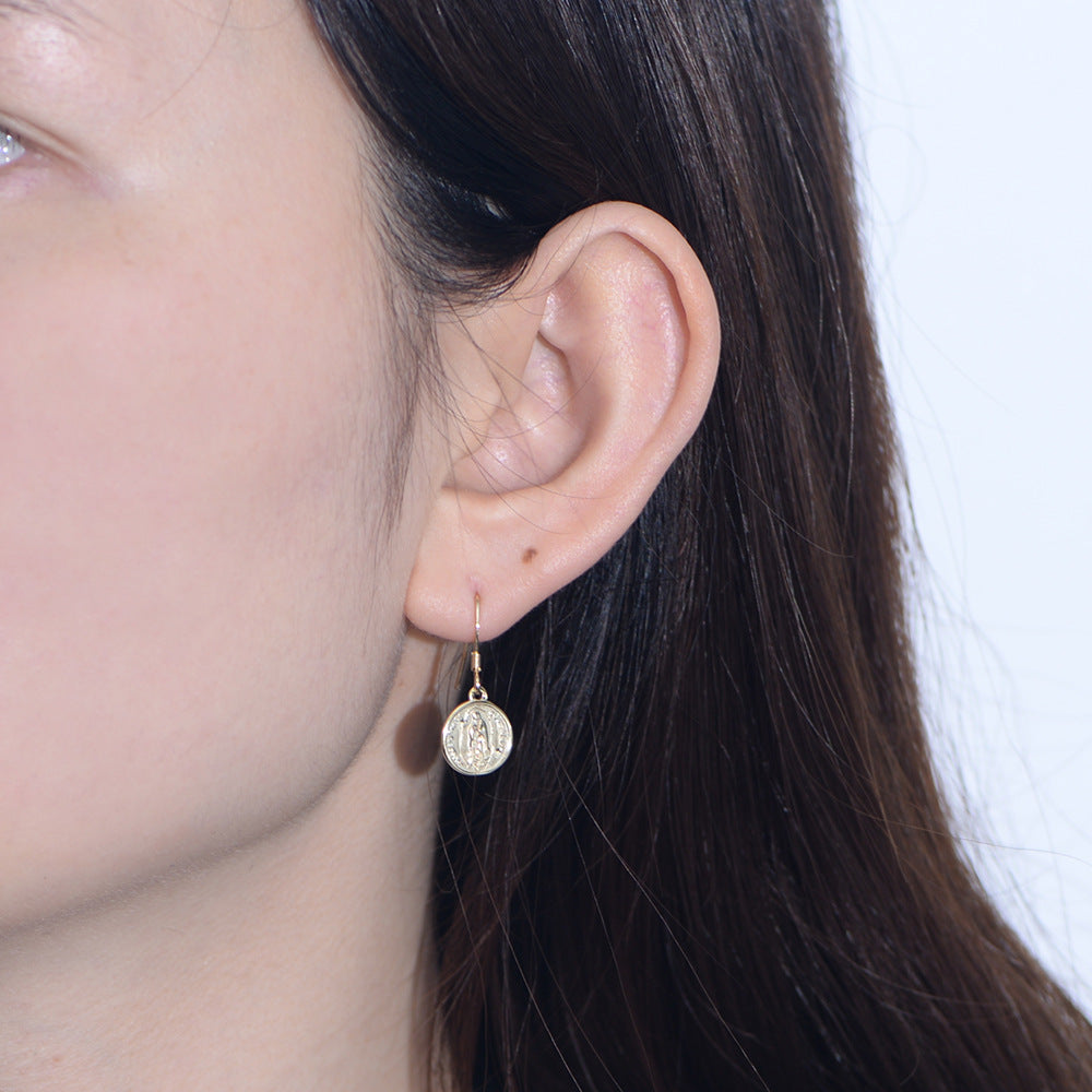 925 Sterling Silver Circle Coin Earrings Style Retro Round Brand Virgin Mary Relief