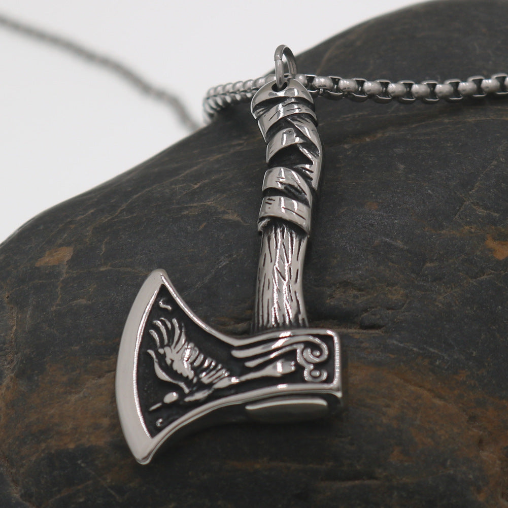 Viking Odin Axe Stainless Steel Pendant Necklace with Norse Crow Amulet