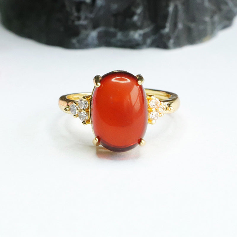 Blood Amber Oval Ring with Three Small Zircon Stones - Sterling Silver Jewelry