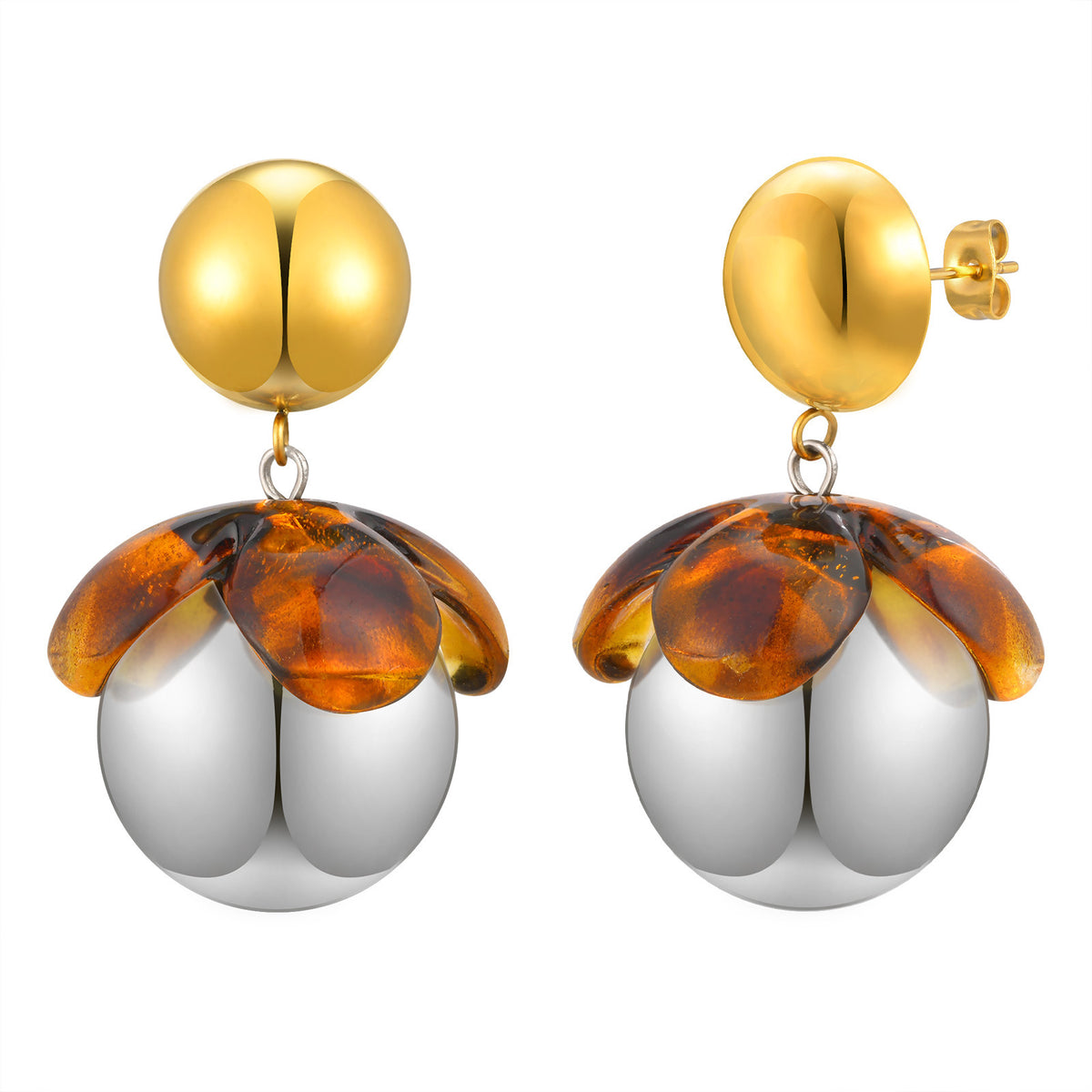 Amber Petal Two-Tone Statement Drop Earrings