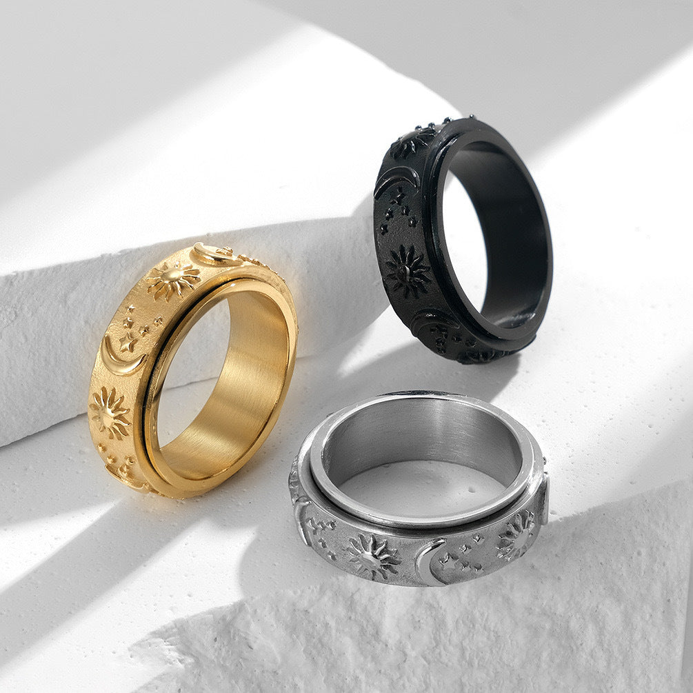 Men's Titanium Steel Ring With Rotating Stars Moon Sun By Planderful Everyday Genie Collection