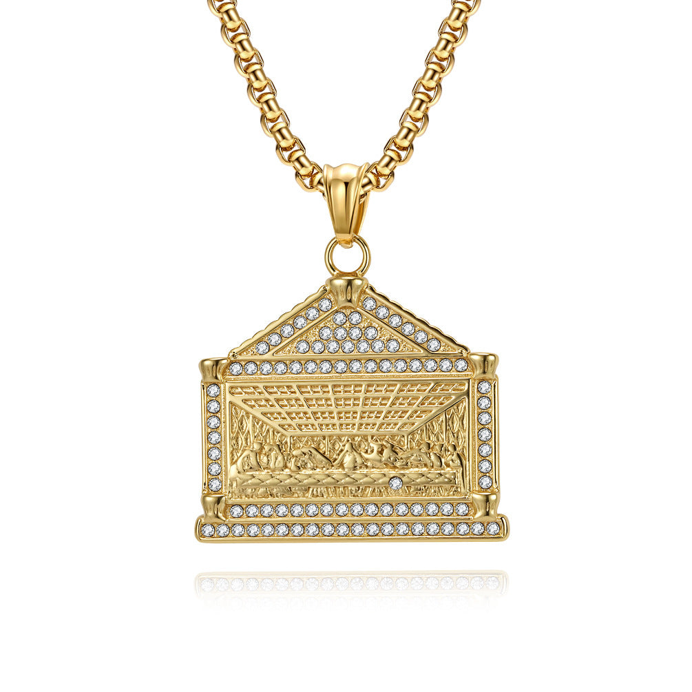 Planderful Bold Hip Hop Necklace Last Supper Pendant Titanium Steel 18K Gold Plated Zircon For Men