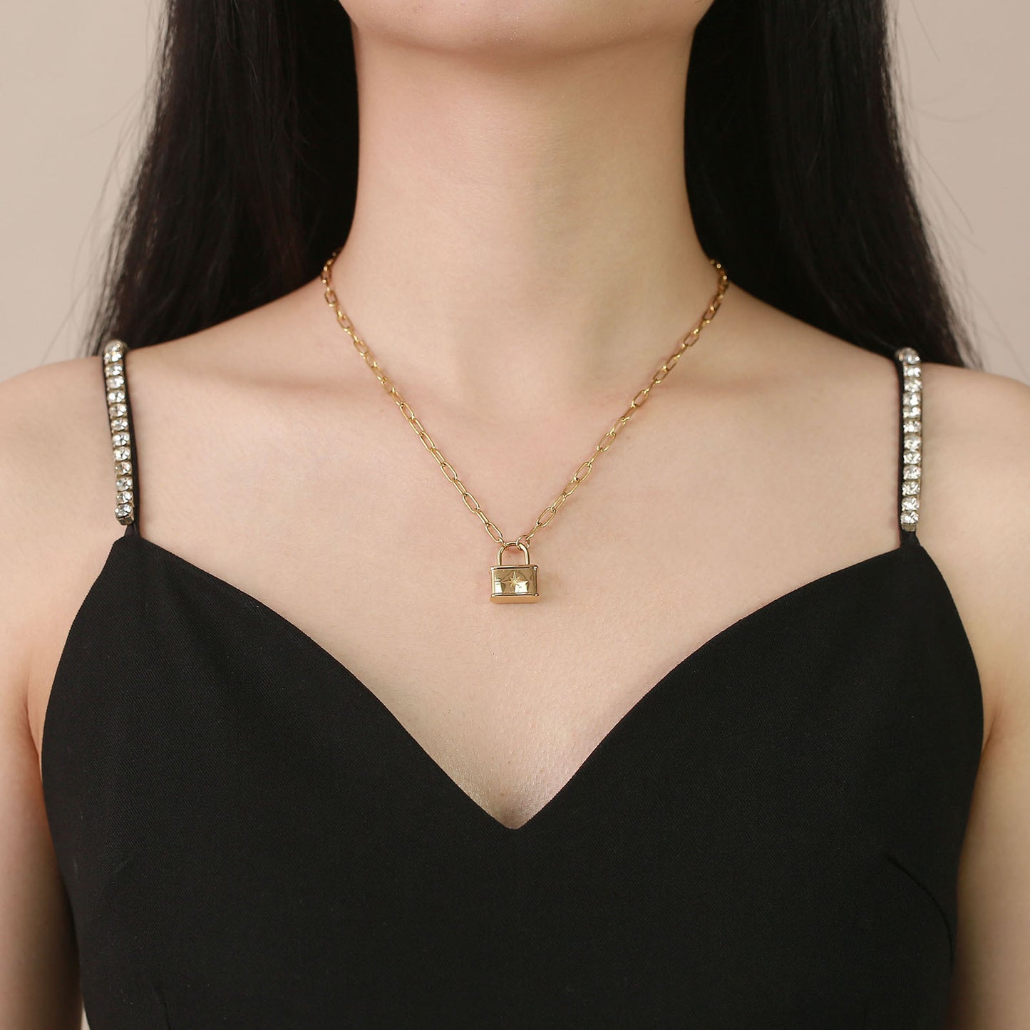 Stainless Steel Octagram Lock Necklace Gold Women Jewelry