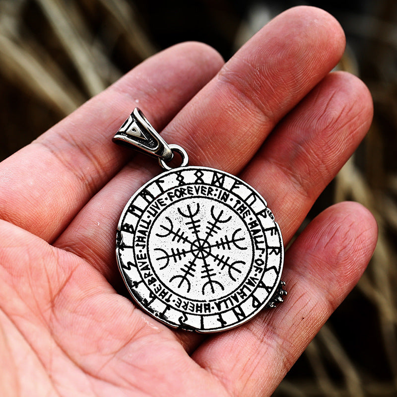 Stainless Steel Relief Wolf Head Pendant – Nordic Viking Odin Compass Letter Titanium Necklace