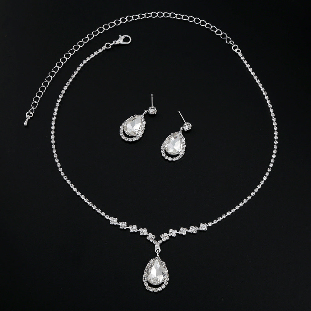 Rhinestone Clavicle Chain Necklace Set with Fringed Drop Earrings