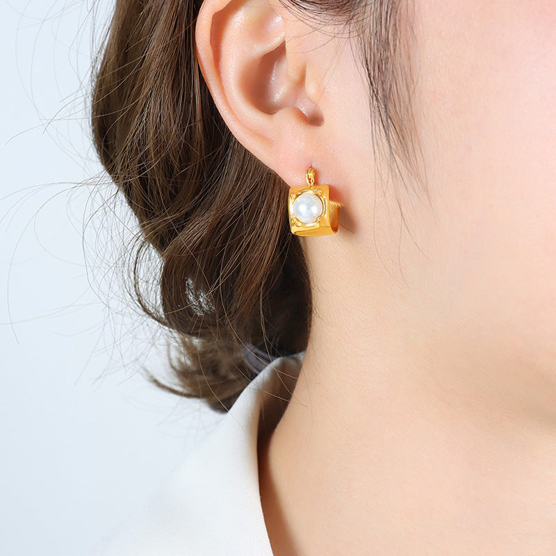 Luxe French Pearl U-Shaped Earrings and Square Ring Studs Set for Women