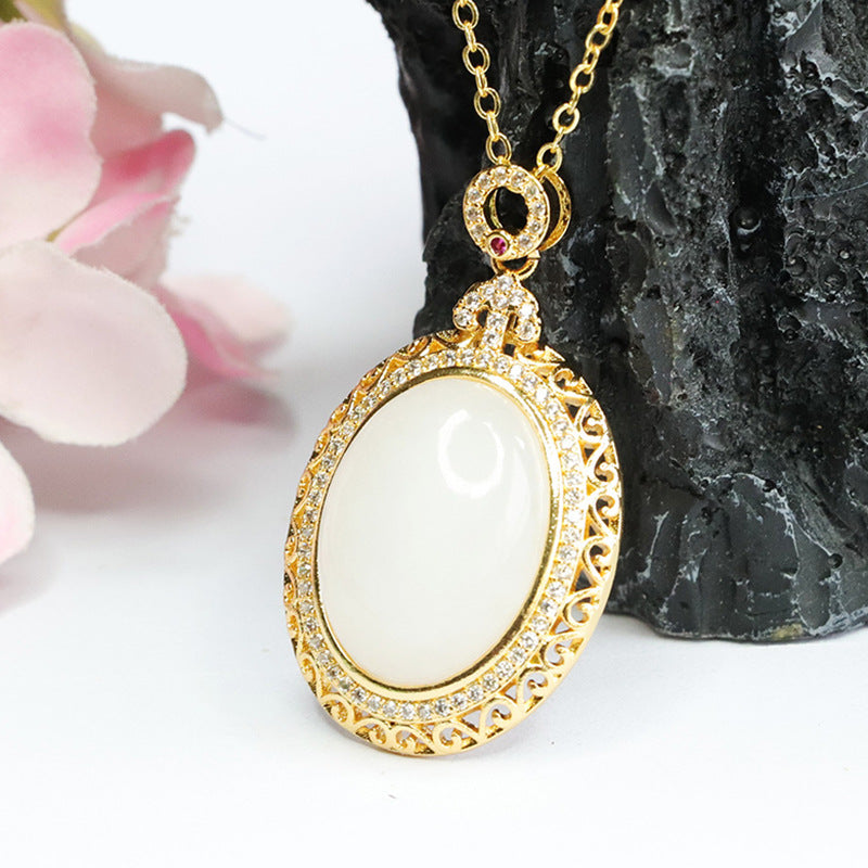 Hetian White Jade Zircon Necklace with Sterling Silver Fortune's Favor Pendant