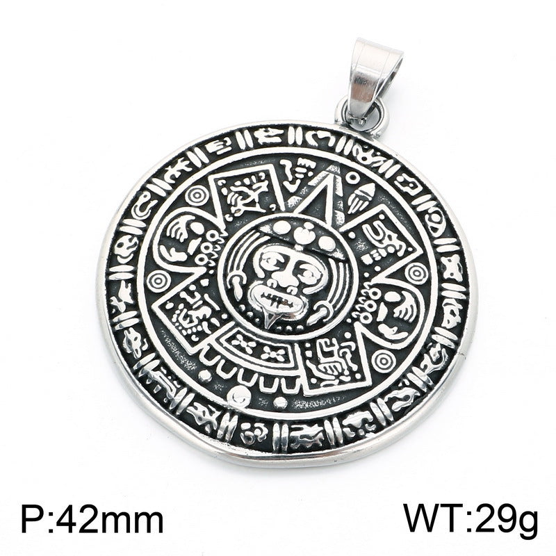 Vintage Aztec Solar Calendar Pendant Viking Celtic Odin Head Stainless Steel Men's Necklace