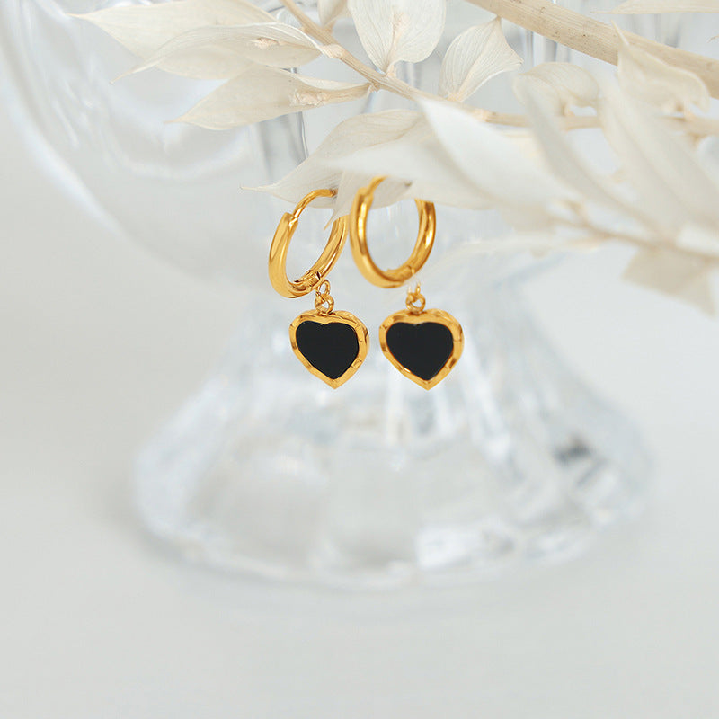 Luxurious Black Glazed Peach Heart Earrings in Titanium Steel and Gold Plating