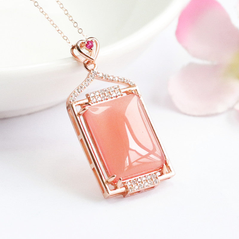 Zircon Hollow Rose Gold Necklace with Natural Rectangle Agate Pandant