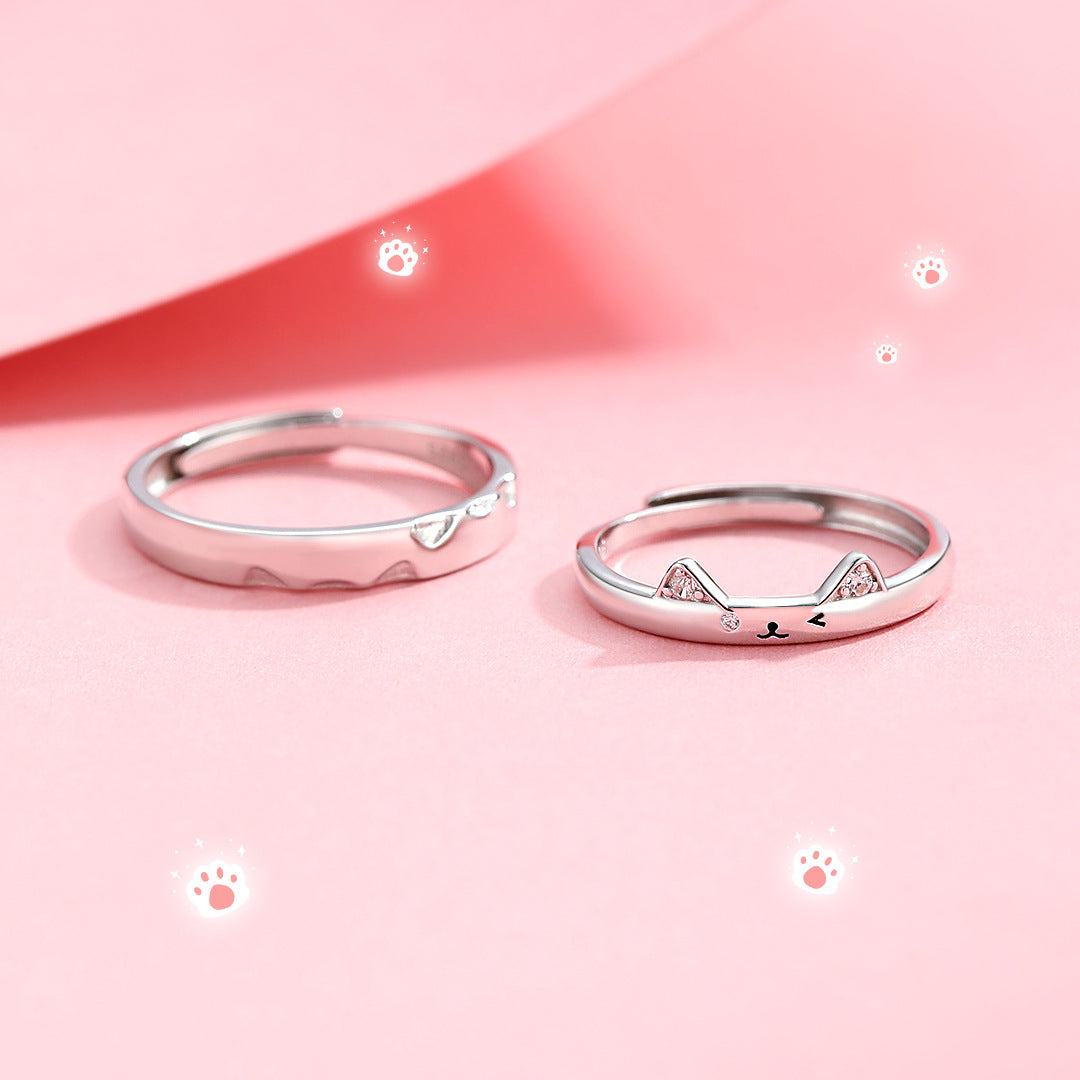 Planderful 925 Sterling Silver Couple Ring Meow Meow Cute Fun Niche Style Adjustable Open Ring For Couples