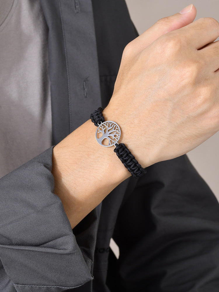 Stainless Steel Tree of Life Nylon Rope Braided Bracelet for Men