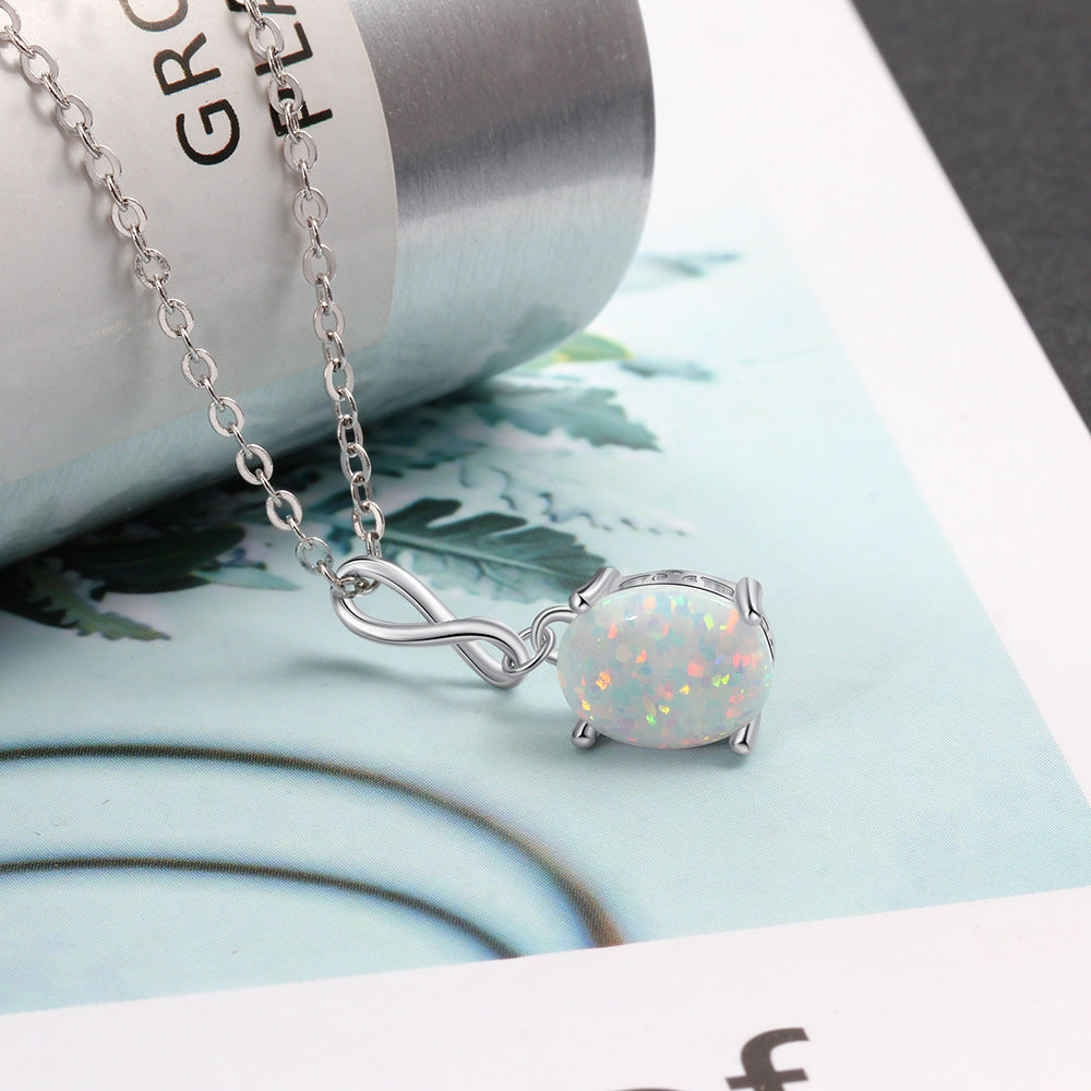 Planderful Jewelry Opal Pendant Necklace in Sterling Silver S925 For Modern Women