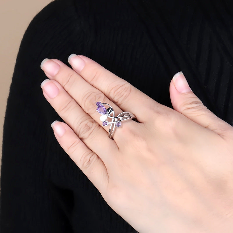 Flower Branch Natural Gemstones Silver Ring