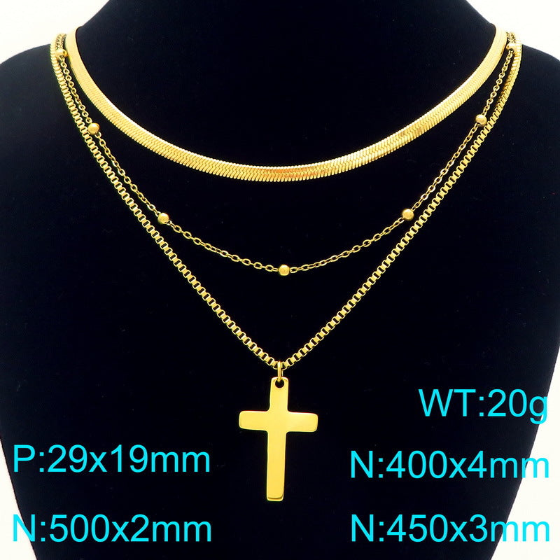 Flat Snake Chain Multi-Layer Chain Necklace, Retro Stainless Steel Box Chain Cross Pendant