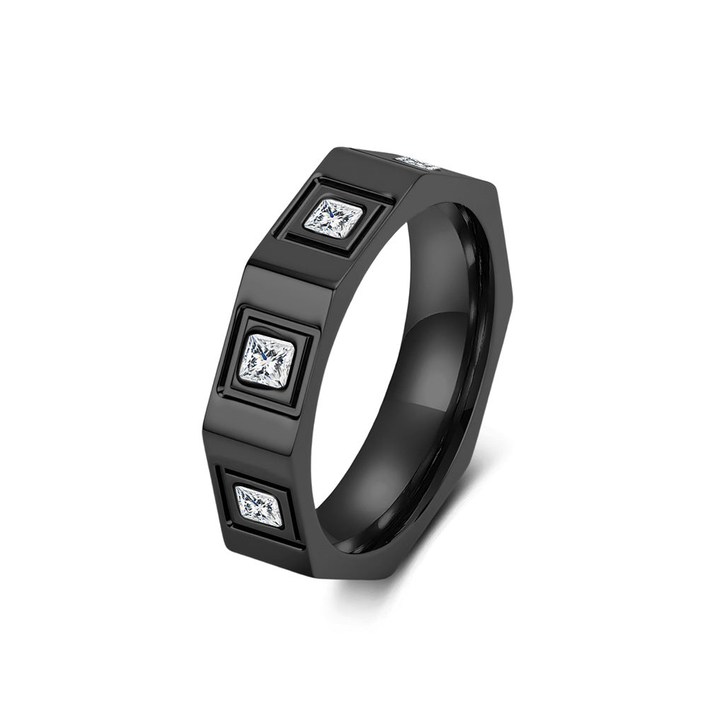 Geometric Eight-Sided Full Zircon Stainless Steel Ring Unisex