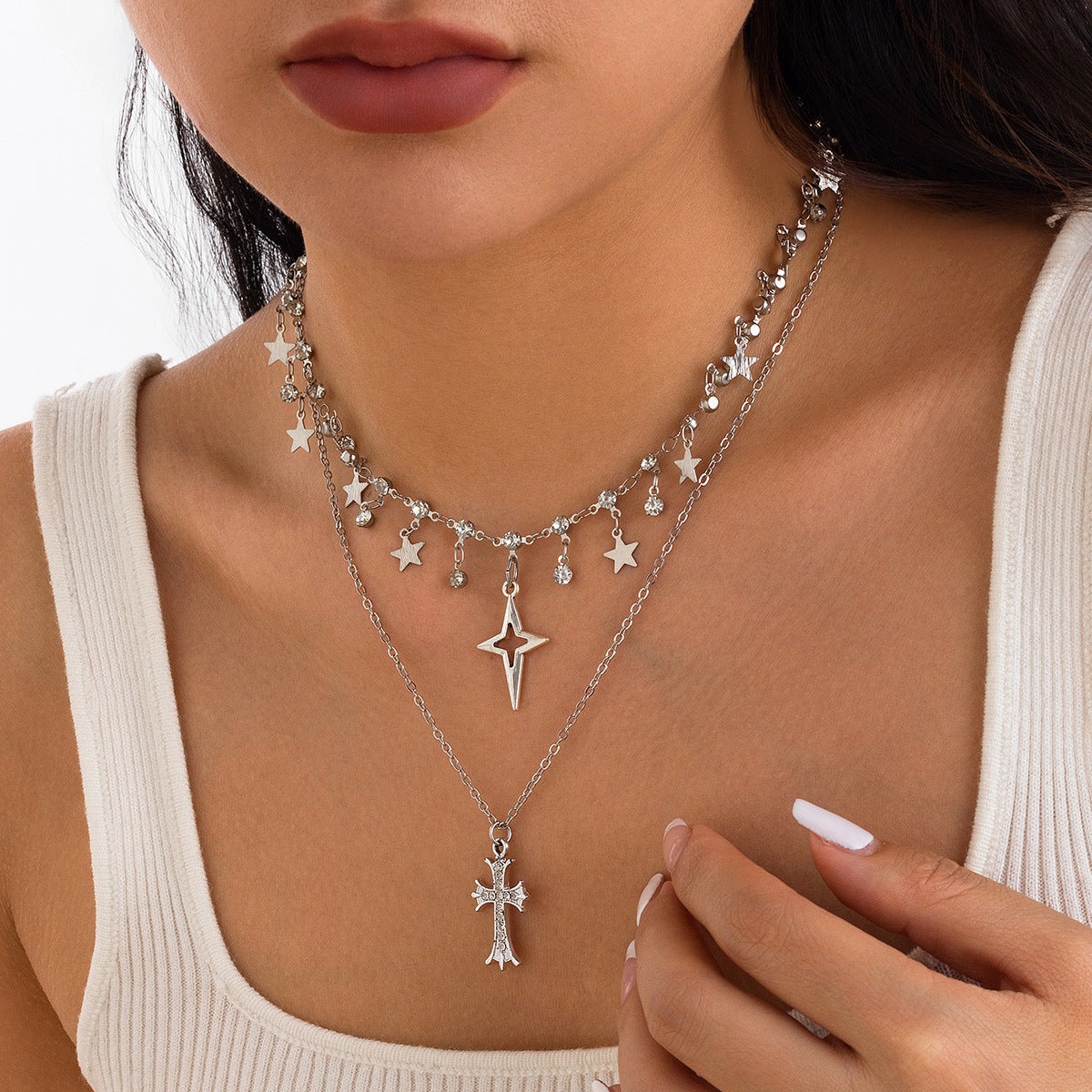 Gothic Cross & Star Rhinestone-Style Choker