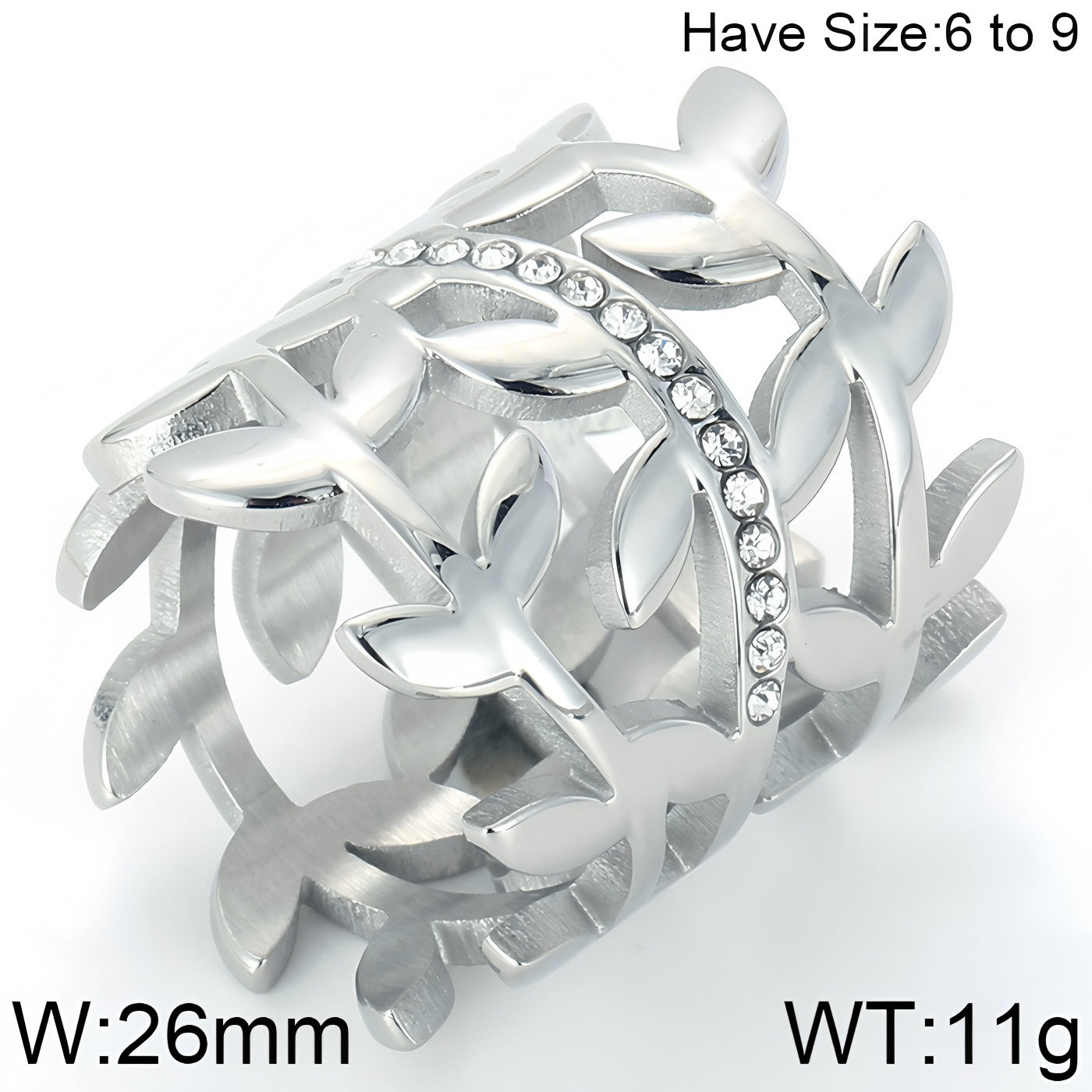 Hollow Olive Branch Inlaid Zircon Titanium Steel Ring 26mm Wide