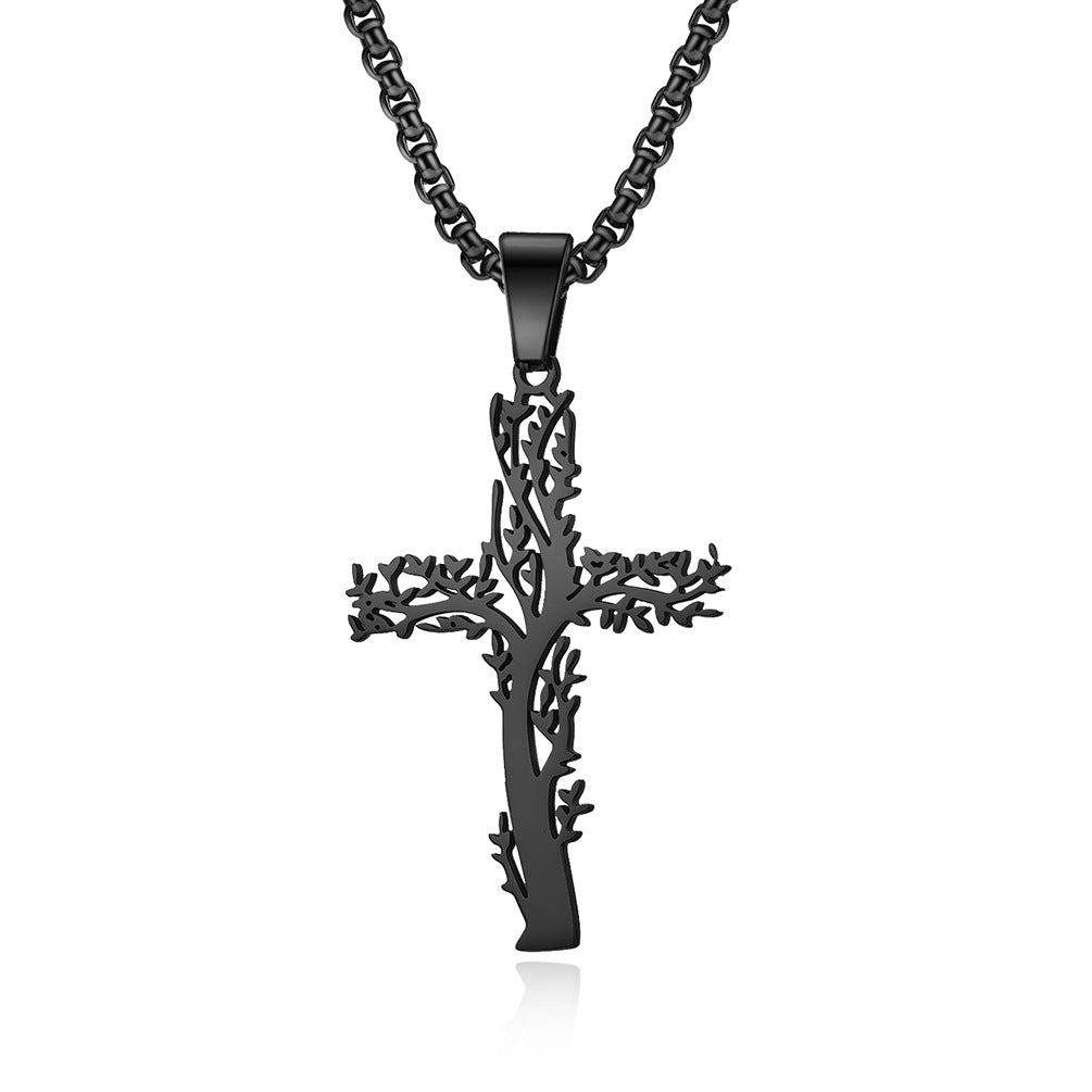 Stainless Steel Tree of Life Cross Necklace for Men and Women