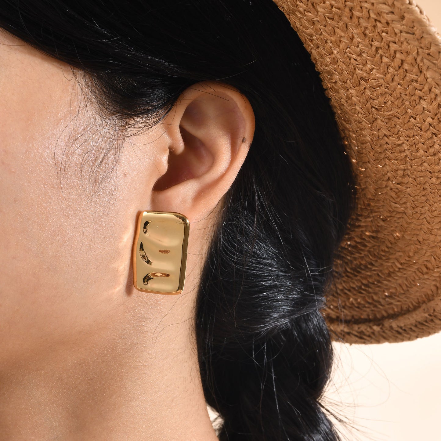 French Stainless Steel Square Pleated Earrings Women's 18K Gold