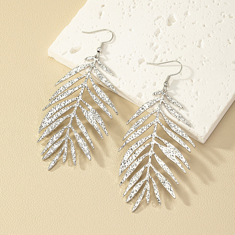 Exaggerated Feather Metal Earrings with Retro European Charm