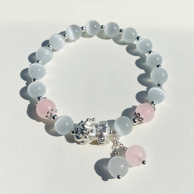White Opal Bracelet with Gray Moonlight Strawberry Crystal Beads