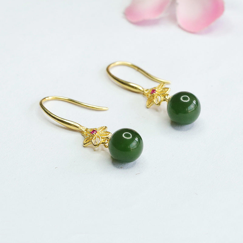 S925 Silver Natural Hetian Jade Earrings with Jasper Bead Hollow Floral Design