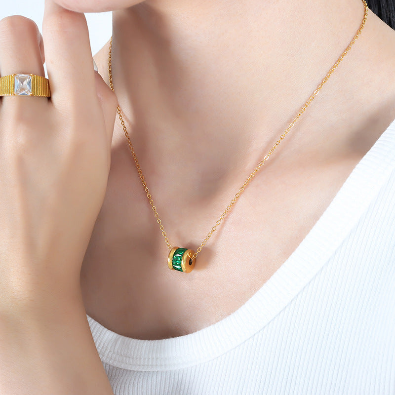 Green Zircon Vintage Titanium Steel Pendant Gold Plated Choker Necklace