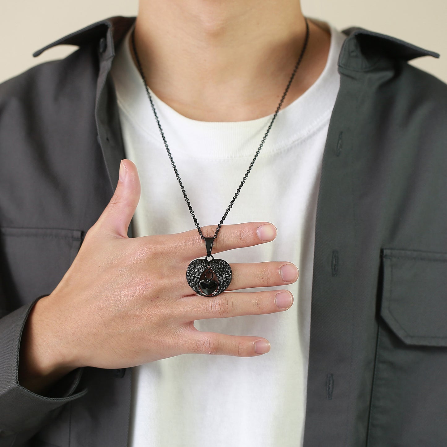 Stainless Steel Wing Heart Shaped Pendant Necklace for Men