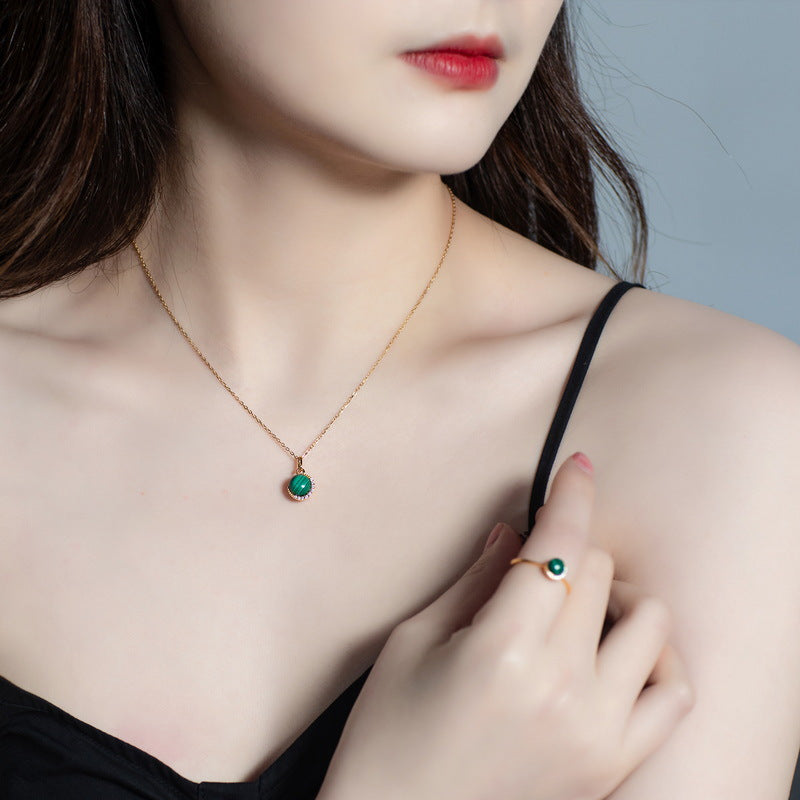 Round Malachite Zircon Crescent Moon Sterling Silver Pendant