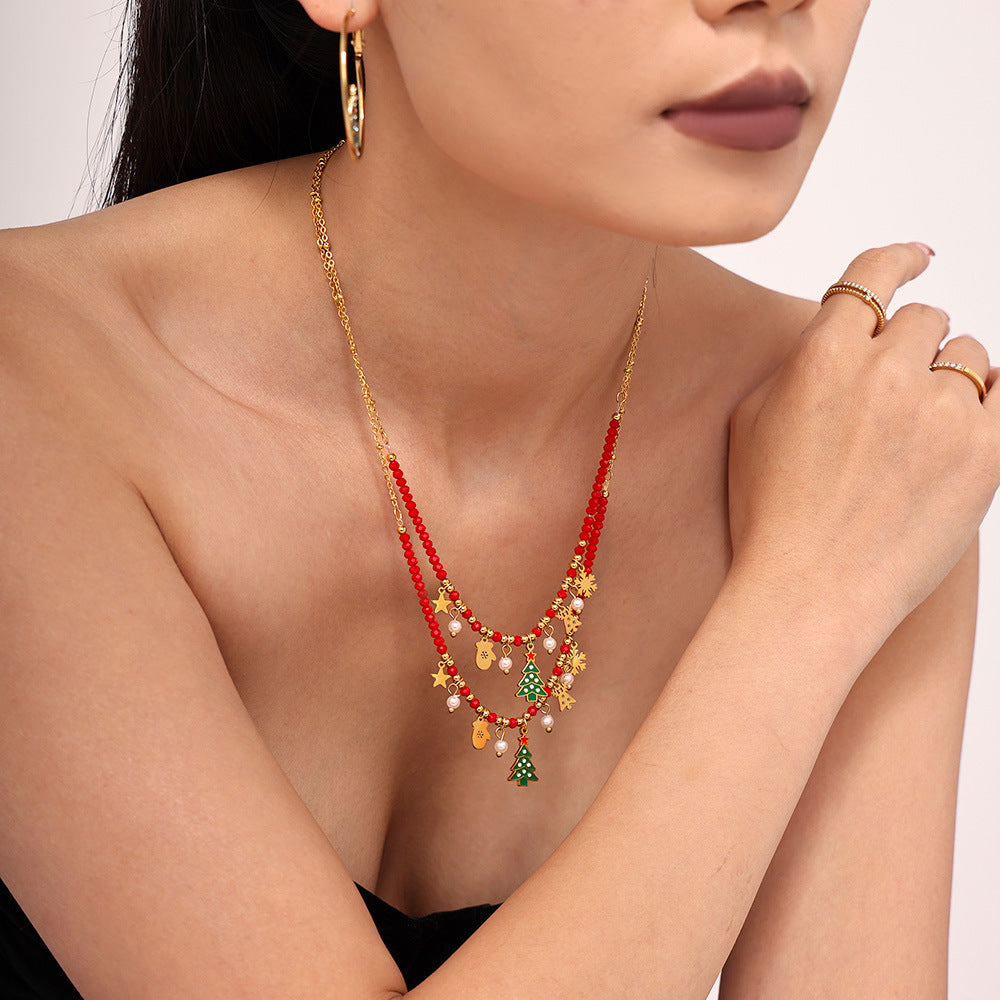 Planderful Enamel Christmas Tree Zircon Necklace For Women