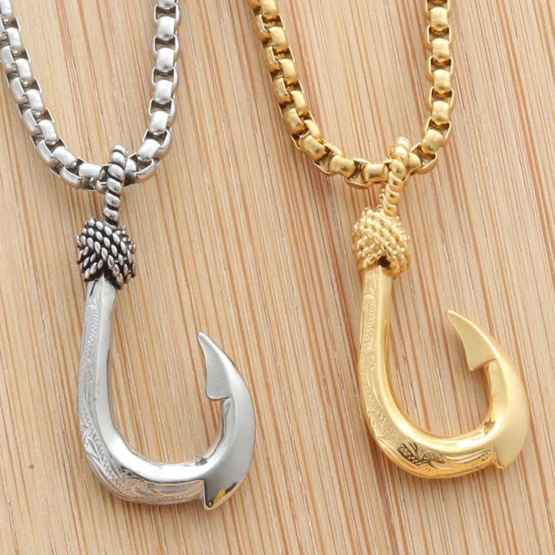 Punk Style Titanium Steel Fishing Hook Pendant Necklace for Men