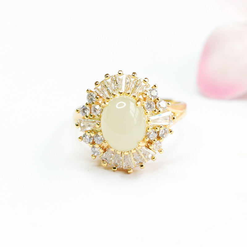 Elegant Hetian Jade Oval Ring with Zircon Accent