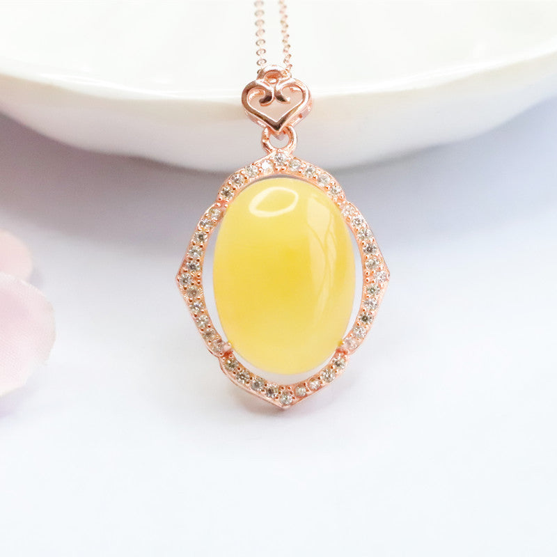Yellow Amber Beeswax Sterling Silver Necklace with Zircon Rose Gold Accent