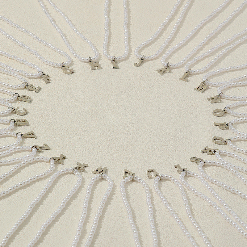 French Retro Pearl Necklace with Metal English Letter Pendant - Vienna Verve Collection